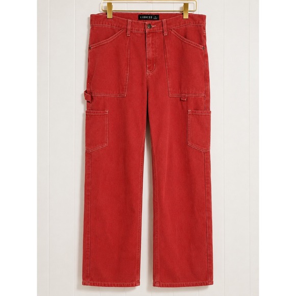 Lioness Pants - Lioness Red Carpenter Pants Wide Leg Utility Denim Contrast Stitch Womens Size M